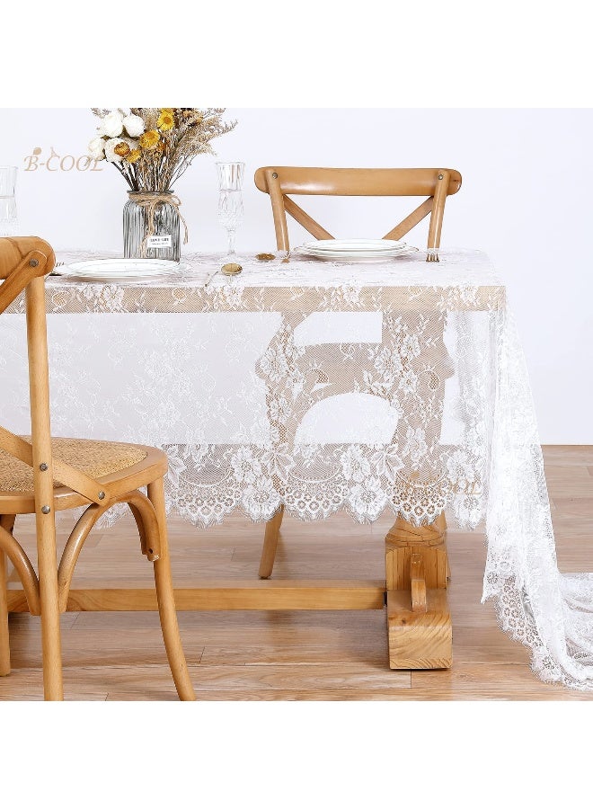 B.Cool B-COOL White Lace Tablecloth 60 X120 Inches Rectangle Vintage Embroidered Bridal Wedding Tablecloths Sheer Overlay for Rustic Outdoor Party Reception Home Decor - Image 4