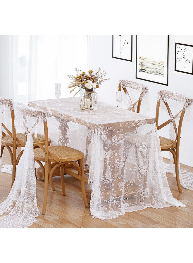 B.Cool B-COOL White Lace Tablecloth 60 X120 Inches Rectangle Vintage Embroidered Bridal Wedding Tablecloths Sheer Overlay for Rustic Outdoor Party Reception Home Decor - Image 2