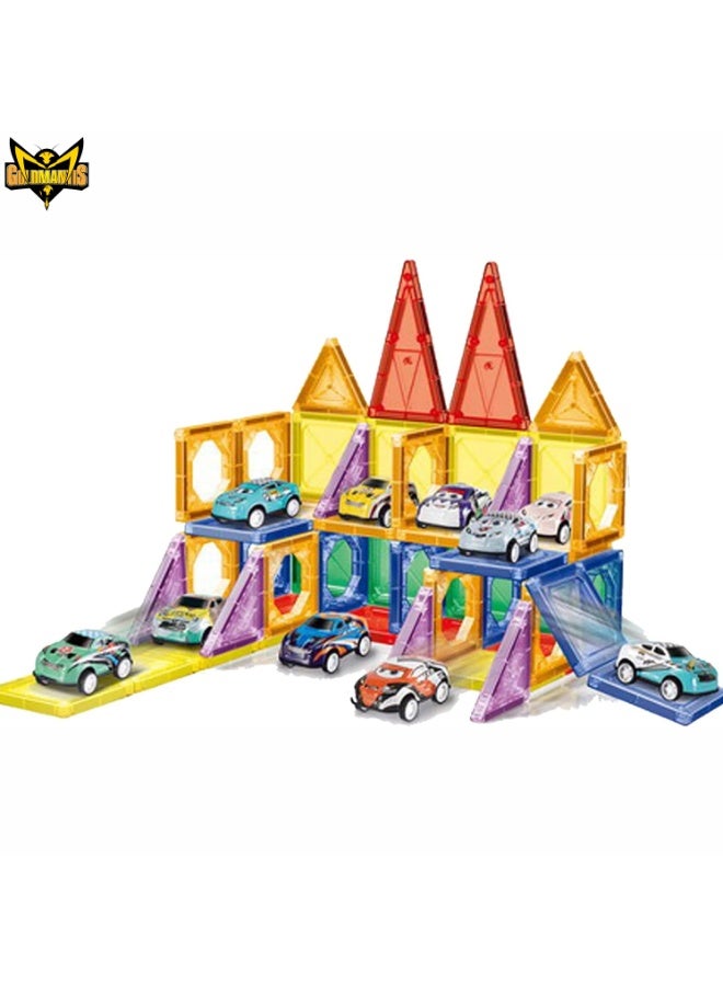 GOLD MANTIS Magnetic Building Tiles with Cars – 68+ Piece Set for Kids – STEM Construction Toy with Ramps & Mini Vehicles – Educational Magnetic Blocks for Boys & Girls - Image 1