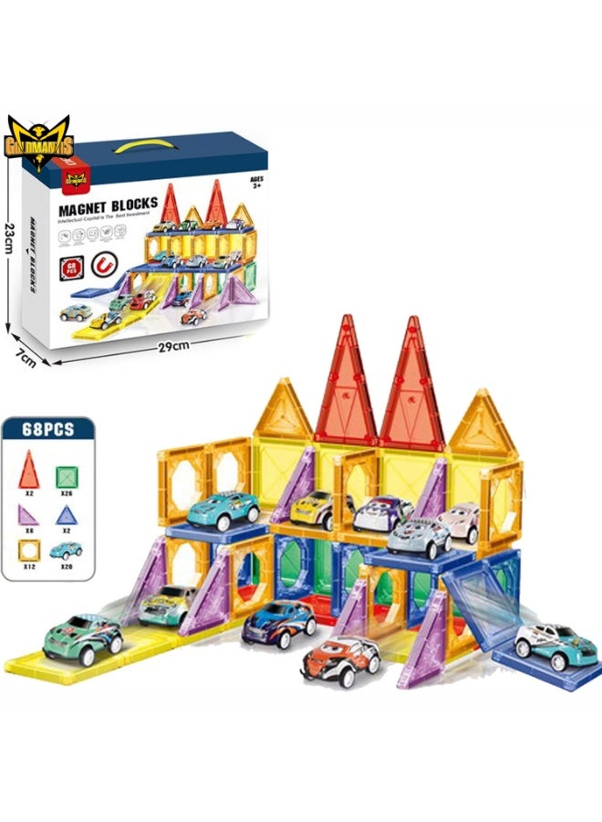 GOLD MANTIS Magnetic Building Tiles with Cars – 68+ Piece Set for Kids – STEM Construction Toy with Ramps & Mini Vehicles – Educational Magnetic Blocks for Boys & Girls - Image 3