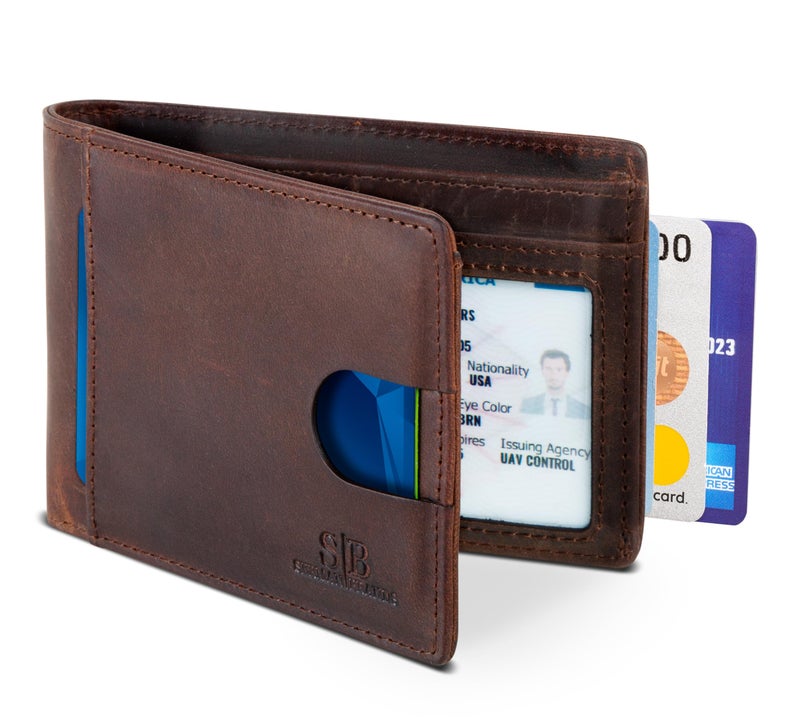 SERMAN BRANDS محفظة سERMAN BRANDS RFID المضادة للاختراق رقيقة ثنائية الطي من الجلد الأصلي، محفظة جيب أمامية للرجال، هدية محفظة رجال (بني تكساس 2.0) - Image 1