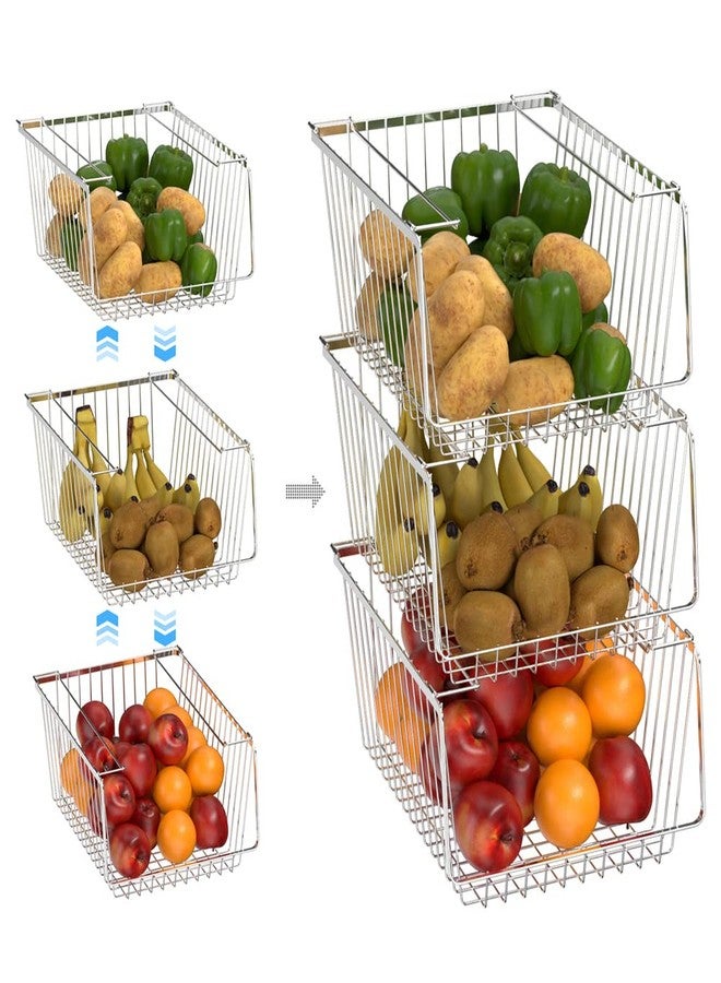 blitzlabs Wire Storage Baskets Stackable Refrigerator Organizer Bins Sturdy Metal Wire Bin Baskets Organization Baskets for Storage with Handles for Kitchen, Closets, Bathroom, Cabinets -Set of 3 - Image 4