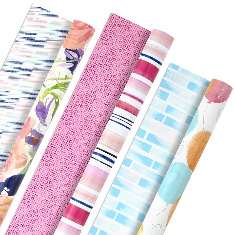 Hallmark Reversible Wrapping Paper Roll Bundle Peach  Purple Flowers Pink Stripes Balloons 3 Rolls 75 sq ft ttl for Birthdays Mothers Day Weddings Baby Showers and Bridal Showers