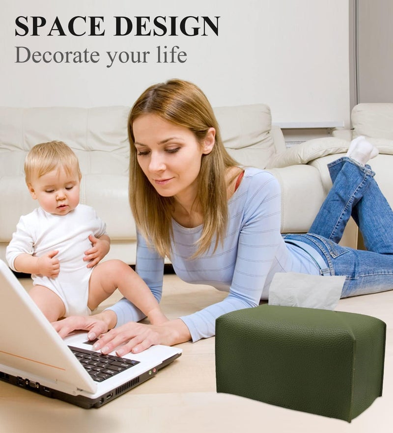 Livelab Tissue Box Cover, Rectangular Modern Decorative PU Leather Tissue Box Case Organizer Holder for Vanity Countertop, Night Stands, Livingroom, Office Desk & Car 9.5X5X5'' | Olive Green - Image 5