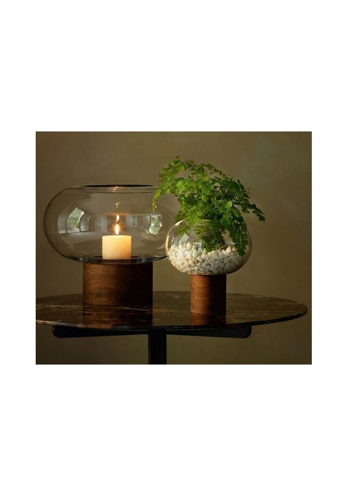 LSA Oblate Glass Vase with Walnut Base – Modern Home Décor H21.5cm x D19.5cm, Made in Poland - Image 5