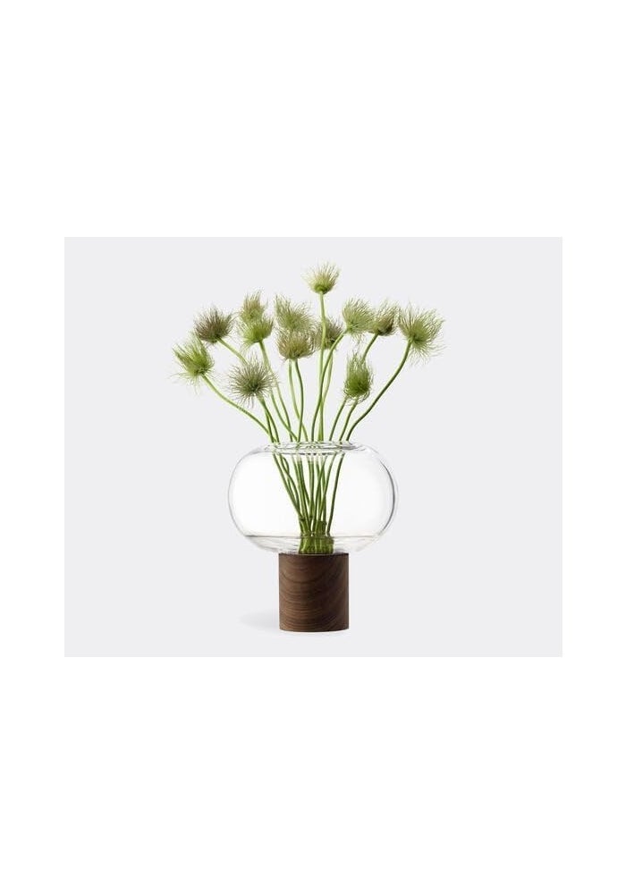 LSA Oblate Glass Vase with Walnut Base – Modern Home Décor H21.5cm x D19.5cm, Made in Poland - Image 3