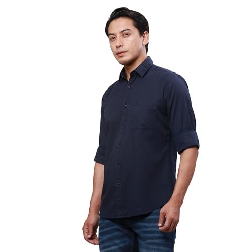 Raymond Men's Slim Fit Pure Cotton Solid Pattern Regular Collar Dark Blue Full Sleeve Casual Shirt - Image 3