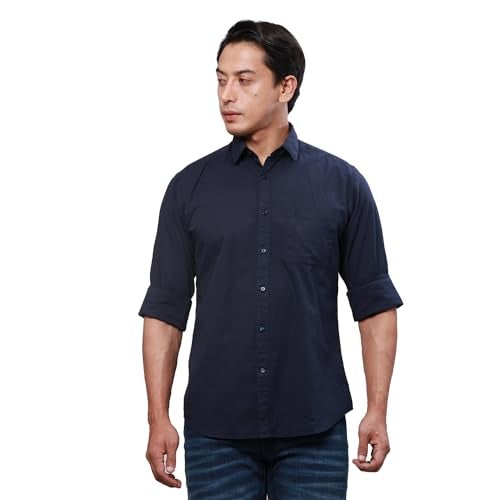 Raymond Men's Slim Fit Pure Cotton Solid Pattern Regular Collar Dark Blue Full Sleeve Casual Shirt - Image 1