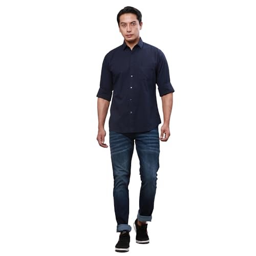 Raymond Men's Slim Fit Pure Cotton Solid Pattern Regular Collar Dark Blue Full Sleeve Casual Shirt - Image 5
