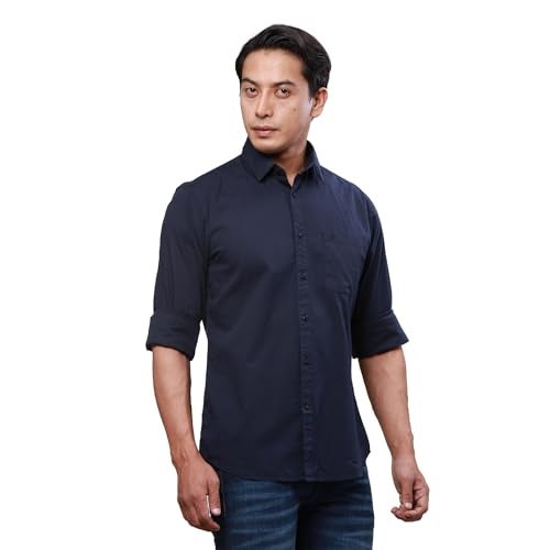 Raymond Men's Slim Fit Pure Cotton Solid Pattern Regular Collar Dark Blue Full Sleeve Casual Shirt - Image 2