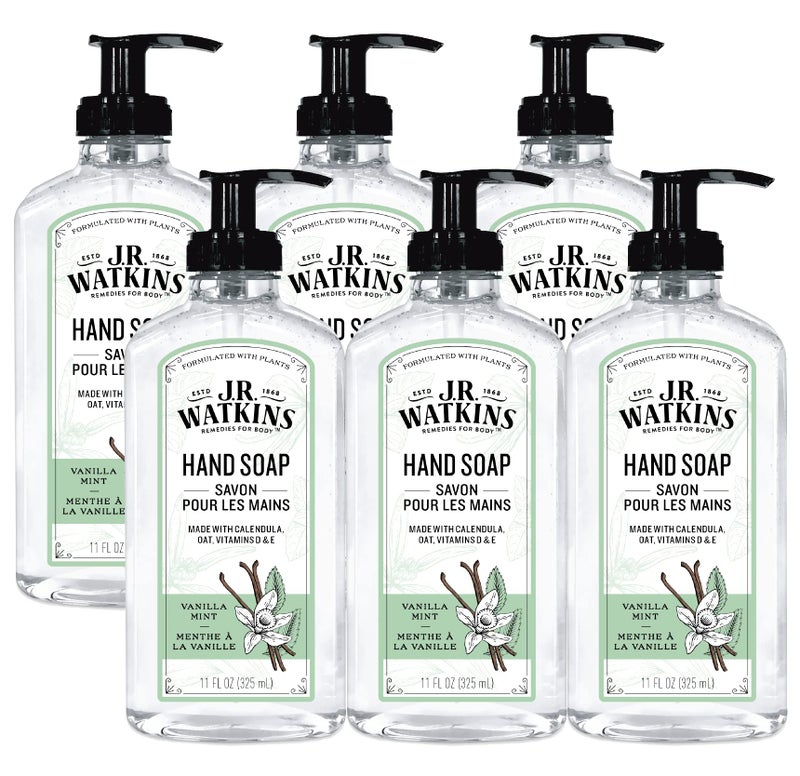 JR Watkins Gel Hand Soap Scented Liquid Hand Wash for Bathroom or Kitchen USA Made and Cruelty Free 11 fl oz Vanilla Mint 6 Pack