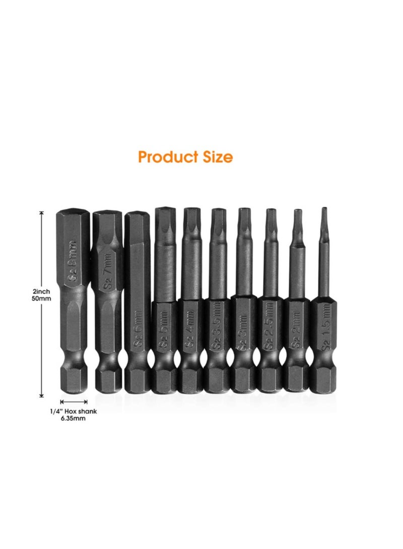 Yakumuz 10PCS Hex Head Allen Wrench Drill Bit Set, Yakumuz S2 Steel Hex Head Screwdriver Bit Set, with Magnetic, 1.5-8mm Metric, 1/4 Inch Hex Shank, 2 Inch Length, for Hand Held Wrench and Electric Drills - Image 3