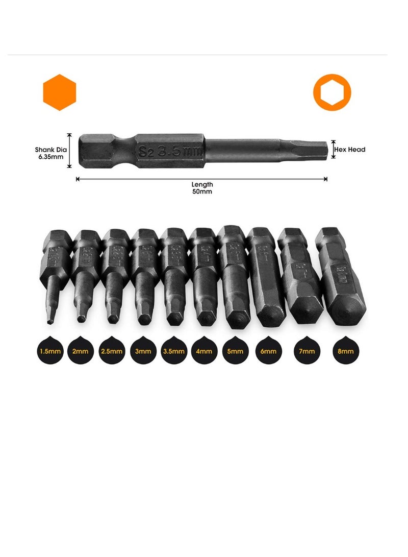 Yakumuz 10PCS Hex Head Allen Wrench Drill Bit Set, Yakumuz S2 Steel Hex Head Screwdriver Bit Set, with Magnetic, 1.5-8mm Metric, 1/4 Inch Hex Shank, 2 Inch Length, for Hand Held Wrench and Electric Drills - Image 2
