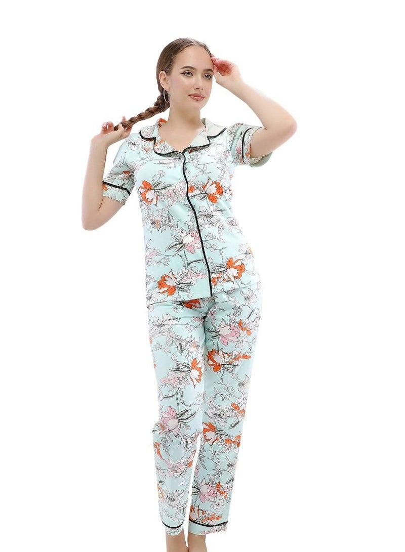 جنة طقم بيجامه بزراير نسائي كم قصير وبنطلون طويل صيفيه قطن