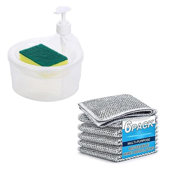 HISELL HISELL Double Layer Soap Dispenser with 6 pcs Wire Cloth Rags for Bathroom Accessories Dishwasher Liquid Holder Dispenser Pump with Sponge Holder Kitchen Sink Accessories Items Pack of 1 - Image 1