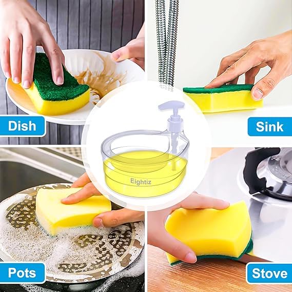 HISELL HISELL Double Layer Soap Dispenser with 6 pcs Wire Cloth Rags for Bathroom Accessories Dishwasher Liquid Holder Dispenser Pump with Sponge Holder Kitchen Sink Accessories Items Pack of 1 - Image 4