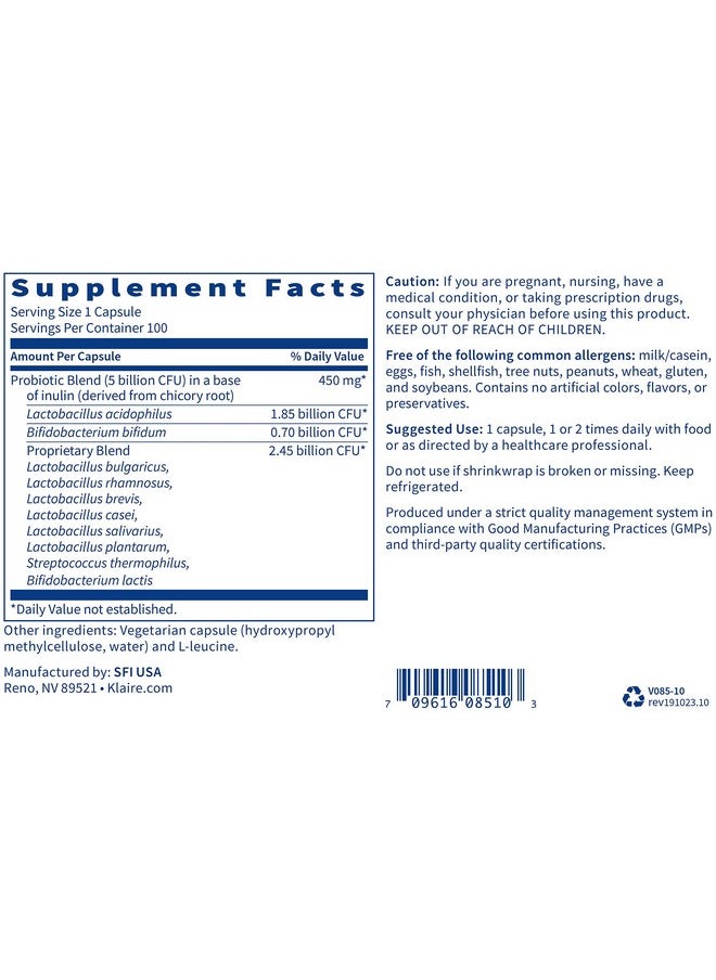 Klaire Labs - Vital 10 Probiotic 10 Species Supplement With Lactobacillus Bifidobacterium & Streptococcus For Immune Digestive Gi & Colon Support 5 Billion Cfu Hypoallergenic (100 Capsules) - Image 1