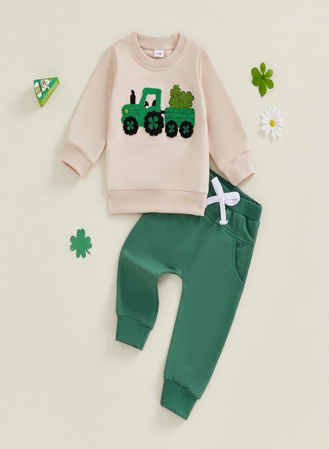 Mobbdow Toddler Baby Boy St Patricks Day Outfit Clover Tractor Embroidery Long Sleeve Sweatshirt Top Pants Set Irish Clothes (Apricot Green, 18-24 Months) - Image 5