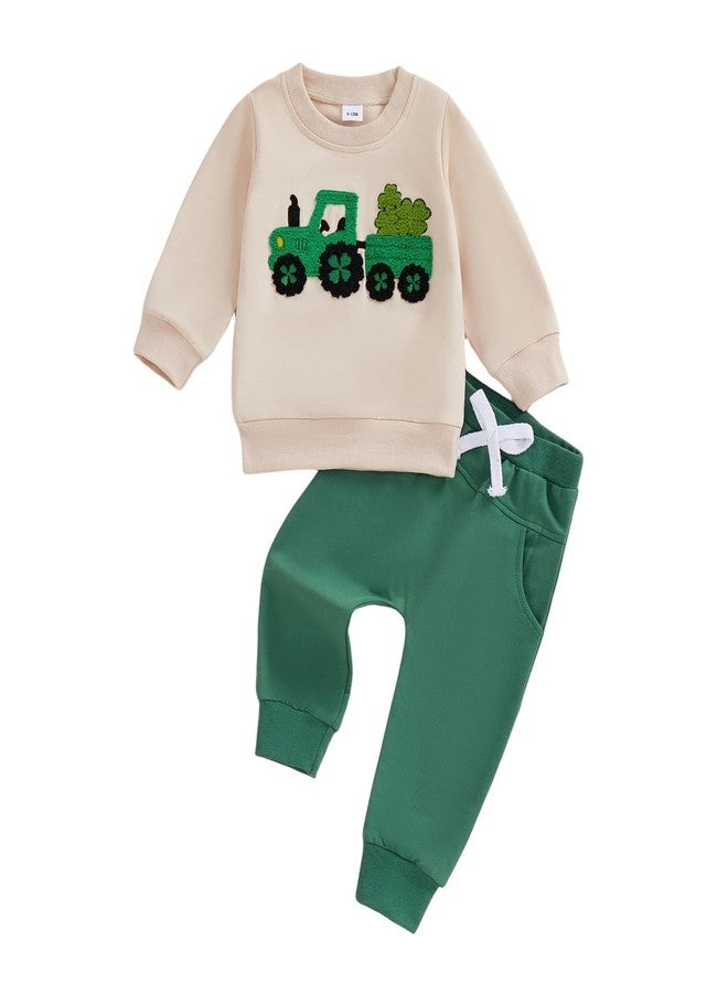 Mobbdow Toddler Baby Boy St Patricks Day Outfit Clover Tractor Embroidery Long Sleeve Sweatshirt Top Pants Set Irish Clothes (Apricot Green, 18-24 Months) - Image 1
