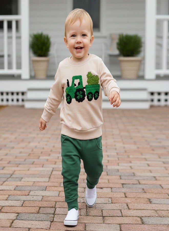 Mobbdow Toddler Baby Boy St Patricks Day Outfit Clover Tractor Embroidery Long Sleeve Sweatshirt Top Pants Set Irish Clothes (Apricot Green, 18-24 Months) - Image 3