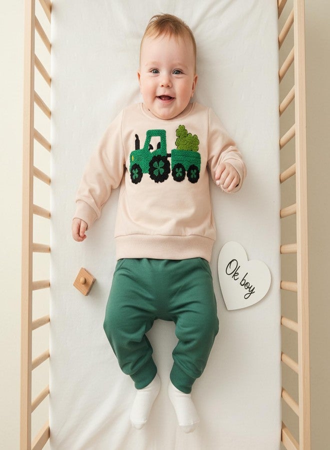 Mobbdow Toddler Baby Boy St Patricks Day Outfit Clover Tractor Embroidery Long Sleeve Sweatshirt Top Pants Set Irish Clothes (Apricot Green, 18-24 Months) - Image 2