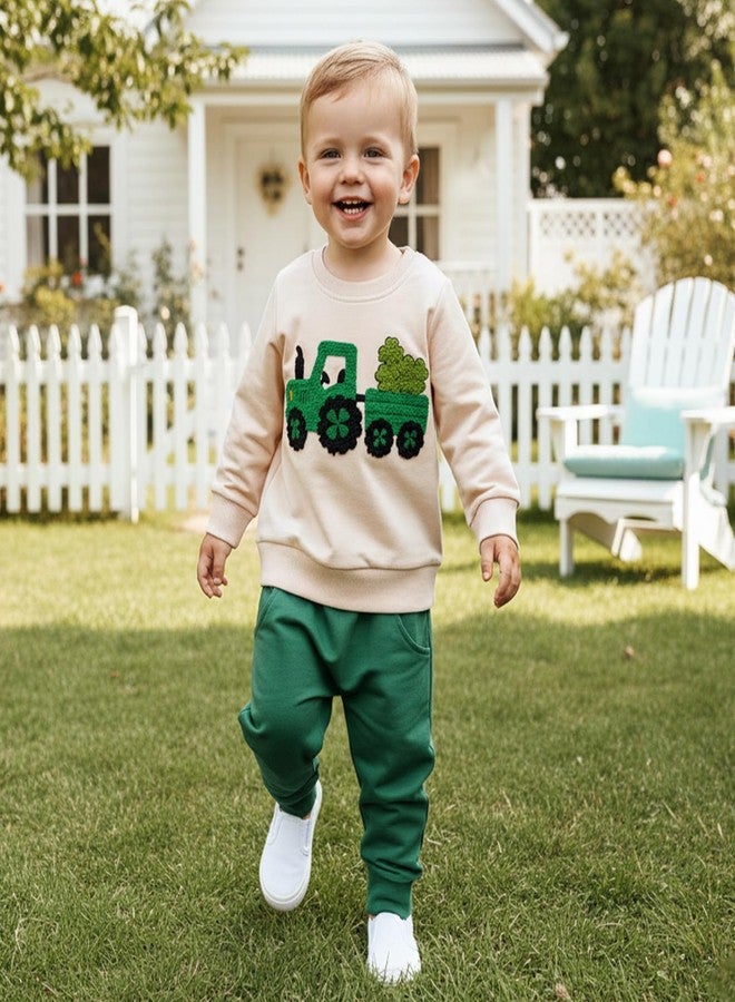 Mobbdow Toddler Baby Boy St Patricks Day Outfit Clover Tractor Embroidery Long Sleeve Sweatshirt Top Pants Set Irish Clothes (Apricot Green, 18-24 Months) - Image 4