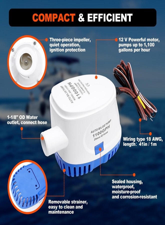 FILTERUP 1100 GPH Automatic Boat Bilge Water Pump 12V, 1-1/8 Inch Dia Bilge Pump Plumbing Kit with 6FT Hose, 2 Clamps, Thru-Hull Fitting, Ideal for Fishing Boats, Cruisers, Runabouts, Yachts - Image 4