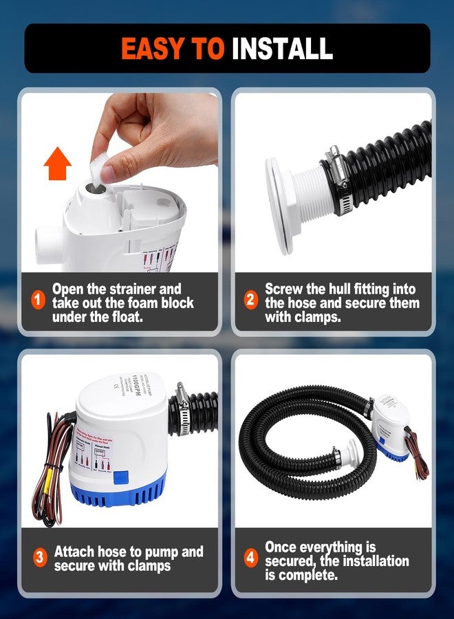 FILTERUP 1100 GPH Automatic Boat Bilge Water Pump 12V, 1-1/8 Inch Dia Bilge Pump Plumbing Kit with 6FT Hose, 2 Clamps, Thru-Hull Fitting, Ideal for Fishing Boats, Cruisers, Runabouts, Yachts - Image 5
