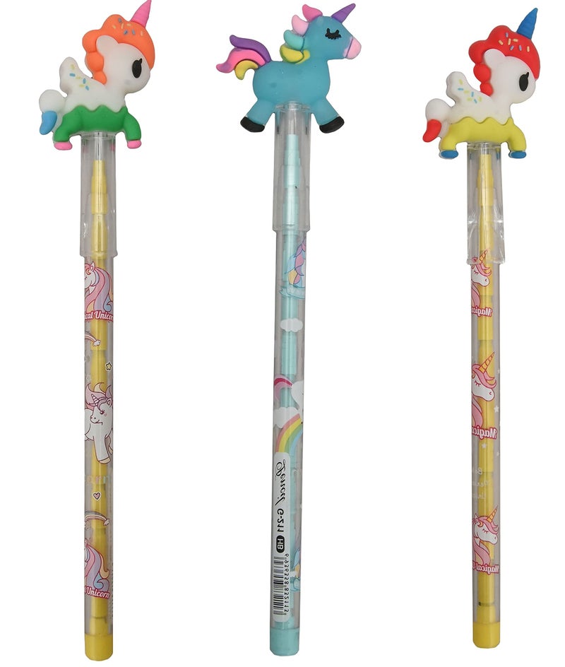 Crackles Unicorn Theme Push Pencil School Stationery Collection/exam/Birthday Return Gift for All Age Group- Pack of 3 Assorted Colors and Designs - Image 1