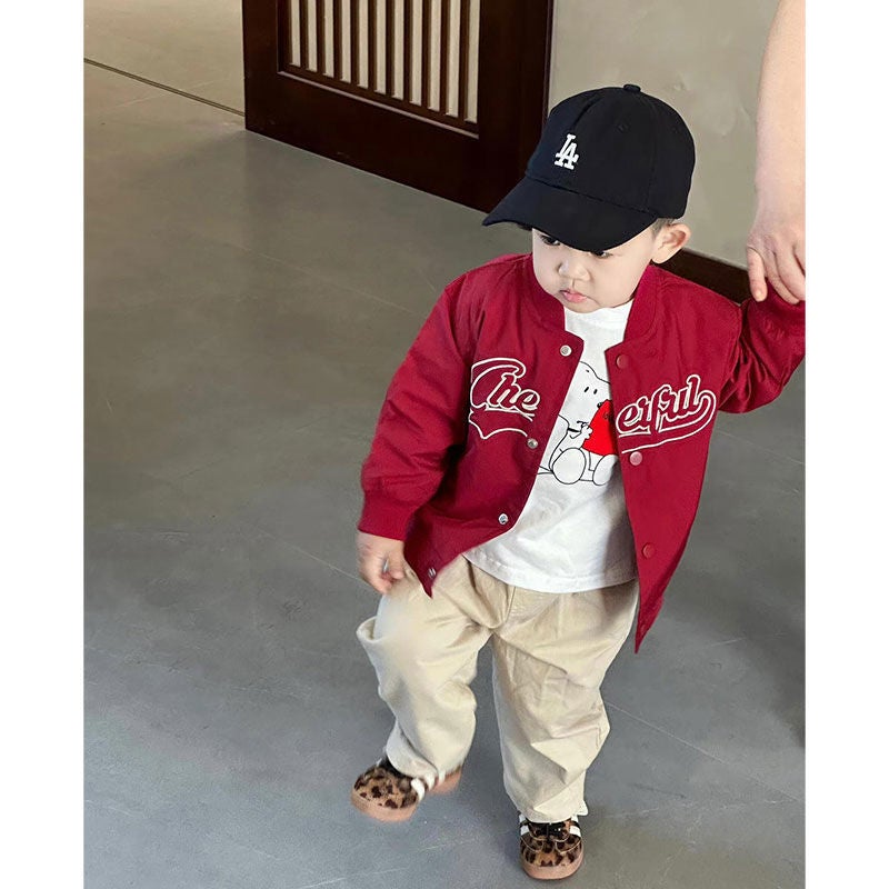 Boys' Jacket And Casual Pants Set, Toddler Cardigan Baseball Jacket, Korean Style Baby Letter Jacket, Straight-Leg Pants - Image 5