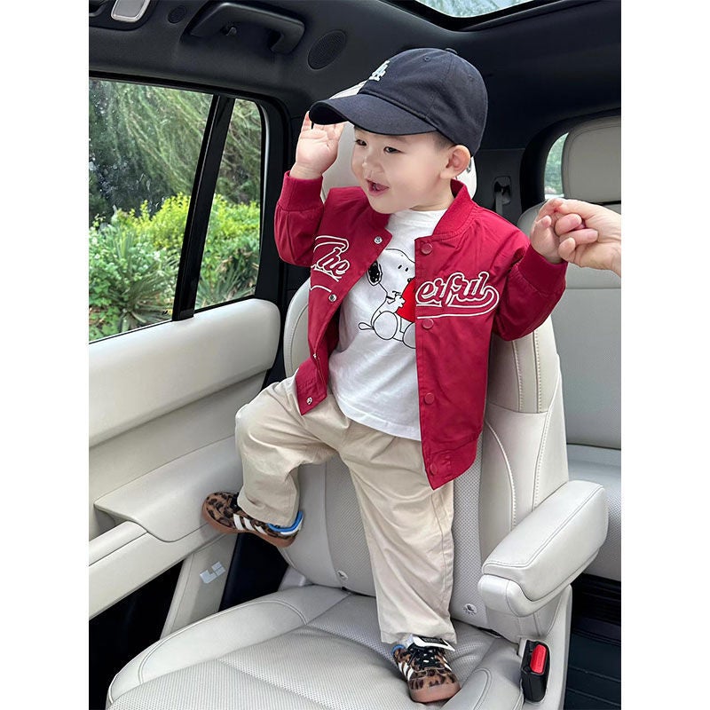 Boys' Jacket And Casual Pants Set, Toddler Cardigan Baseball Jacket, Korean Style Baby Letter Jacket, Straight-Leg Pants - Image 3