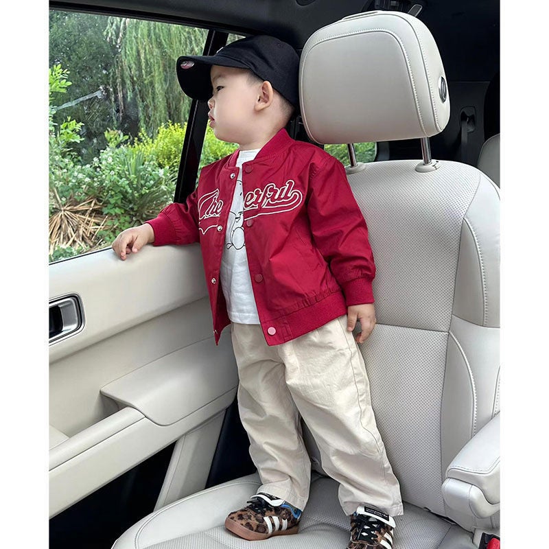 Boys' Jacket And Casual Pants Set, Toddler Cardigan Baseball Jacket, Korean Style Baby Letter Jacket, Straight-Leg Pants - Image 4