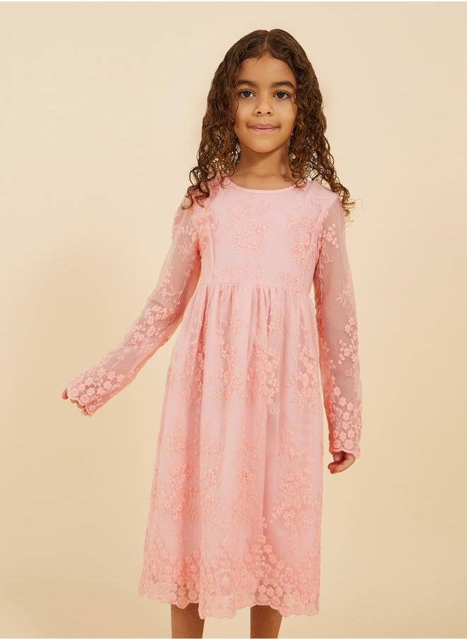 Styli - Lace Insert Round Neck Long Sleeve Dress - Image 1