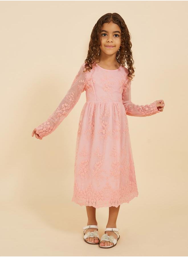 Styli - Lace Insert Round Neck Long Sleeve Dress - Image 1