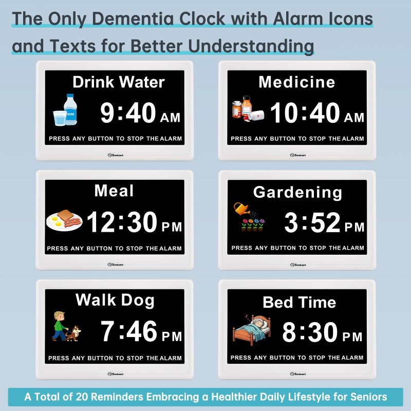 Soobest 12â€ Dementia Digital Clock for Seniors Extra Large, 20 Alarm Reminders Date Day Time Display for Elderly Memory Loss Alzheimers, Electric Calendar Clock, Auto DST, 1024 * 600P HD - Image 3