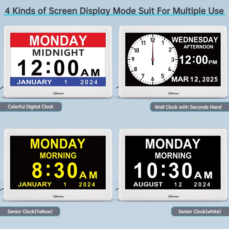 Soobest 12â€ Dementia Digital Clock for Seniors Extra Large, 20 Alarm Reminders Date Day Time Display for Elderly Memory Loss Alzheimers, Electric Calendar Clock, Auto DST, 1024 * 600P HD - Image 5