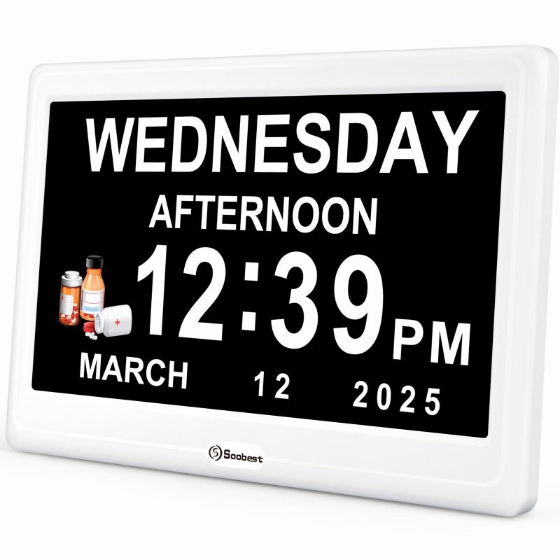 Soobest 12â€ Dementia Digital Clock for Seniors Extra Large, 20 Alarm Reminders Date Day Time Display for Elderly Memory Loss Alzheimers, Electric Calendar Clock, Auto DST, 1024 * 600P HD - Image 1