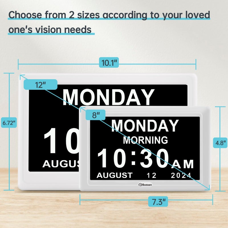 Soobest 12â€ Dementia Digital Clock for Seniors Extra Large, 20 Alarm Reminders Date Day Time Display for Elderly Memory Loss Alzheimers, Electric Calendar Clock, Auto DST, 1024 * 600P HD - Image 2
