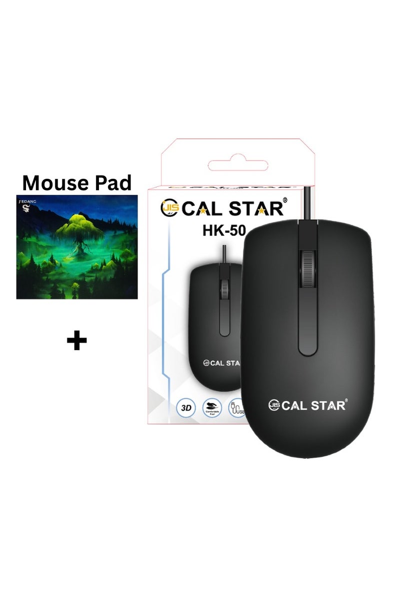 CAL STAR HK-50 Wired Ergonomic Office Mouse with Mouse Pad – 1600 DPI, USB Connectivity, Smooth 3D Scrolling, Plug & Play, Comfortable & Durable for Everyday Use, Precision, Long Cable (1.10M), Ideal for Work & Professionals - Image 1