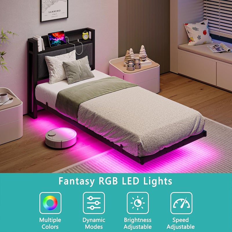 إطار سرير عائم فردي مع أضواء LED ومحطة شحن USB، إطار سرير منصة معدني مقاس 90x190 سم مع رأس سرير مبطّن مخزن مقاس 3 أقدام، شرائح معدنية متينة، خالٍ من الضوضاء/رمادي داكن - Image 4
