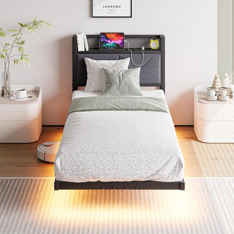 إطار سرير عائم فردي مع أضواء LED ومحطة شحن USB، إطار سرير منصة معدني مقاس 90x190 سم مع رأس سرير مبطّن مخزن مقاس 3 أقدام، شرائح معدنية متينة، خالٍ من الضوضاء/رمادي داكن - Image 3