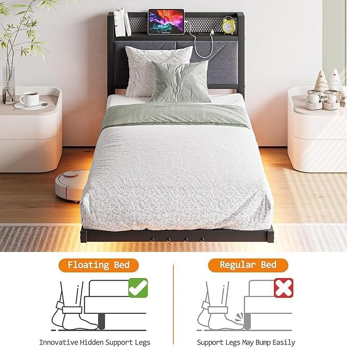 إطار سرير عائم فردي مع أضواء LED ومحطة شحن USB، إطار سرير منصة معدني مقاس 90x190 سم مع رأس سرير مبطّن مخزن مقاس 3 أقدام، شرائح معدنية متينة، خالٍ من الضوضاء/رمادي داكن - Image 5