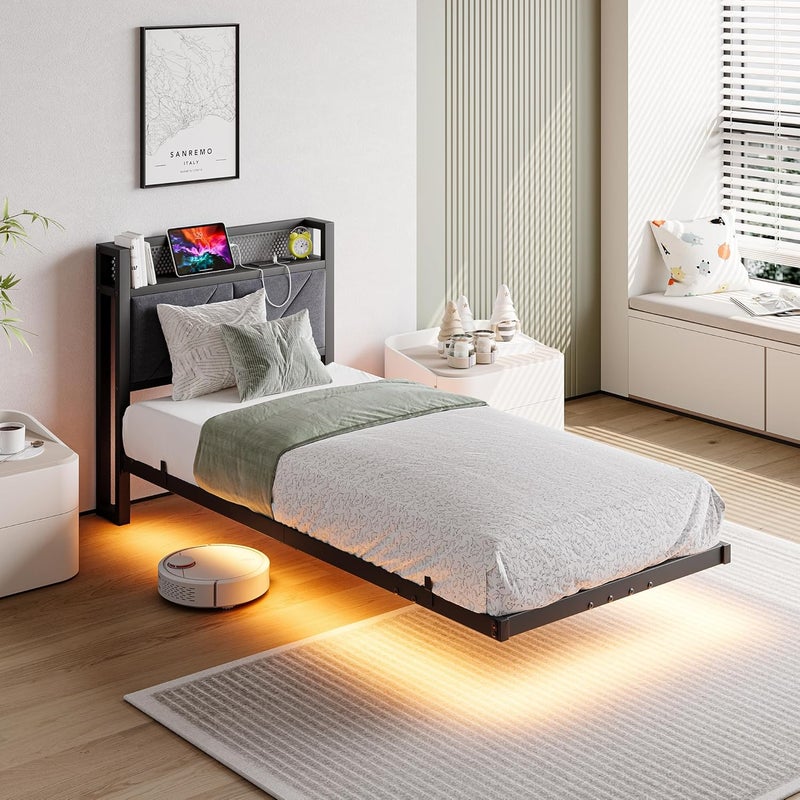 إطار سرير عائم فردي مع أضواء LED ومحطة شحن USB، إطار سرير منصة معدني مقاس 90x190 سم مع رأس سرير مبطّن مخزن مقاس 3 أقدام، شرائح معدنية متينة، خالٍ من الضوضاء/رمادي داكن - Image 1