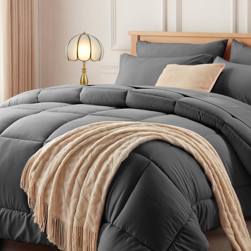 Newspin King Comforter Set Dark Grey Bed in a Bag King Size 7 Pieces All Season Bed Set Fluffy Comforter Set with Sheets Sheet Set Quilt Blanket Pillowcases Shams