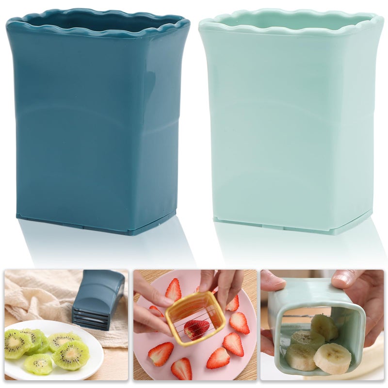 Tulobi 2 Pcs Cup Slicer  Stainless Steel Egg Stainless  Strawberry Slicer  Mini Fruit Slicer Cup  Quickly Making Fruit Vegetable Salad  Creative Convenient Kitchen Gadget (Navy Blue + Cyan) - Image 1