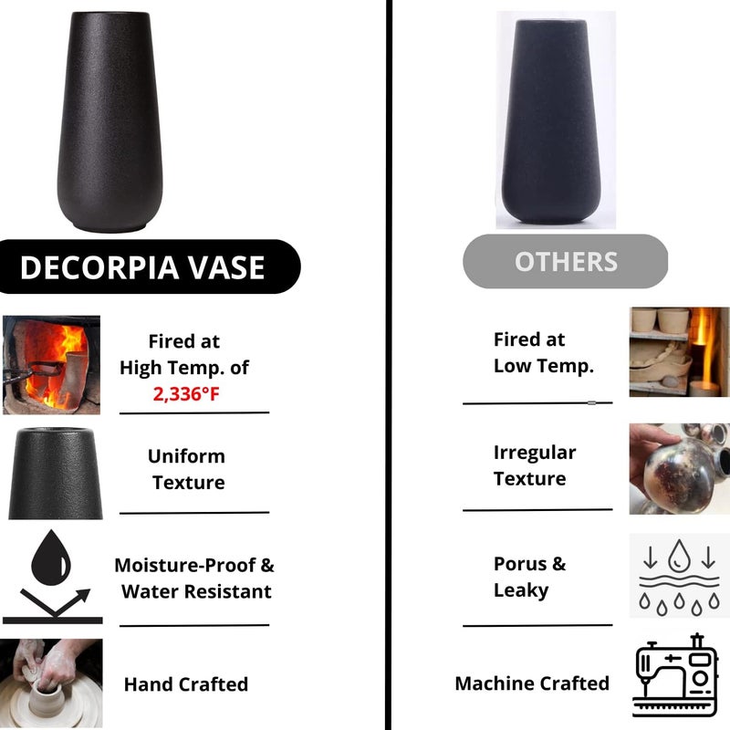 DECORPIA Premium Quality Large Black Ceramic Vase - 9 inch | Flower Vase for Home Decor, Farmhouse, Modern, Bohemian & Aesthetic Room Decor - Image 3