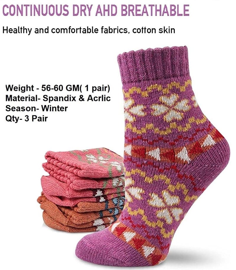 Alexvyan 3 Pair Solid Plain Soft & Woolen Cozy Knitted Winter Thick Warm Stretchy Calf Length Elastic Socks (Without Thumb) for Women Girls (Flower Design) - Image 3