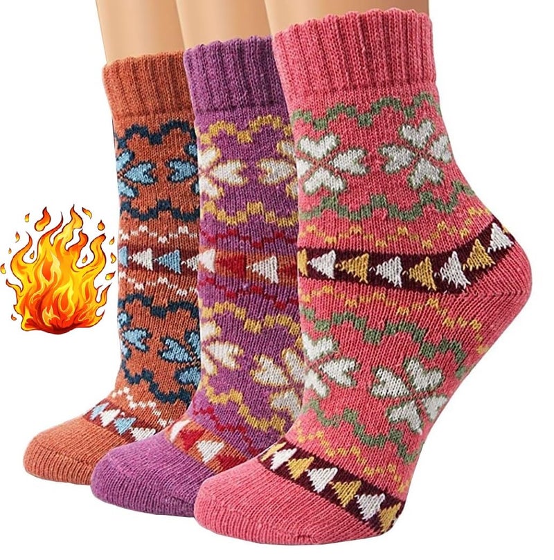 Alexvyan 3 Pair Solid Plain Soft & Woolen Cozy Knitted Winter Thick Warm Stretchy Calf Length Elastic Socks (Without Thumb) for Women Girls (Flower Design) - Image 1