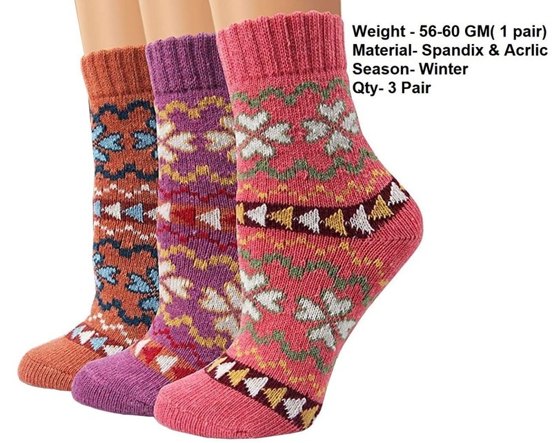 Alexvyan 3 Pair Solid Plain Soft & Woolen Cozy Knitted Winter Thick Warm Stretchy Calf Length Elastic Socks (Without Thumb) for Women Girls (Flower Design) - Image 5