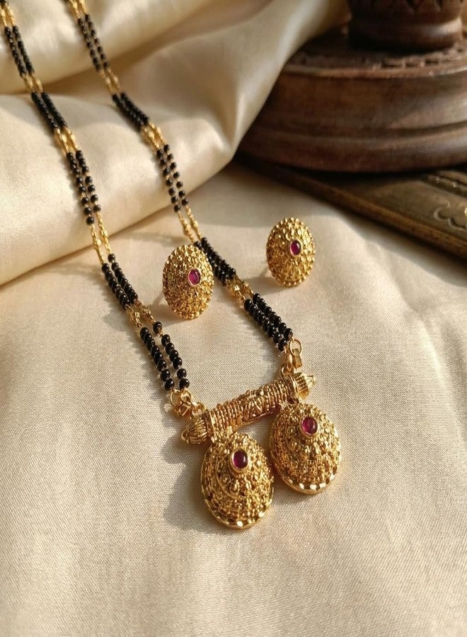 طقم مانجالسوترا تقليدي من ولاية ماهاراشترا مطلي بالذهب ومصقول بدقة متناهية، يتكون من خرز أسود وقلادة فاتي، بطول 32 بوصة، للنساء - Image 5